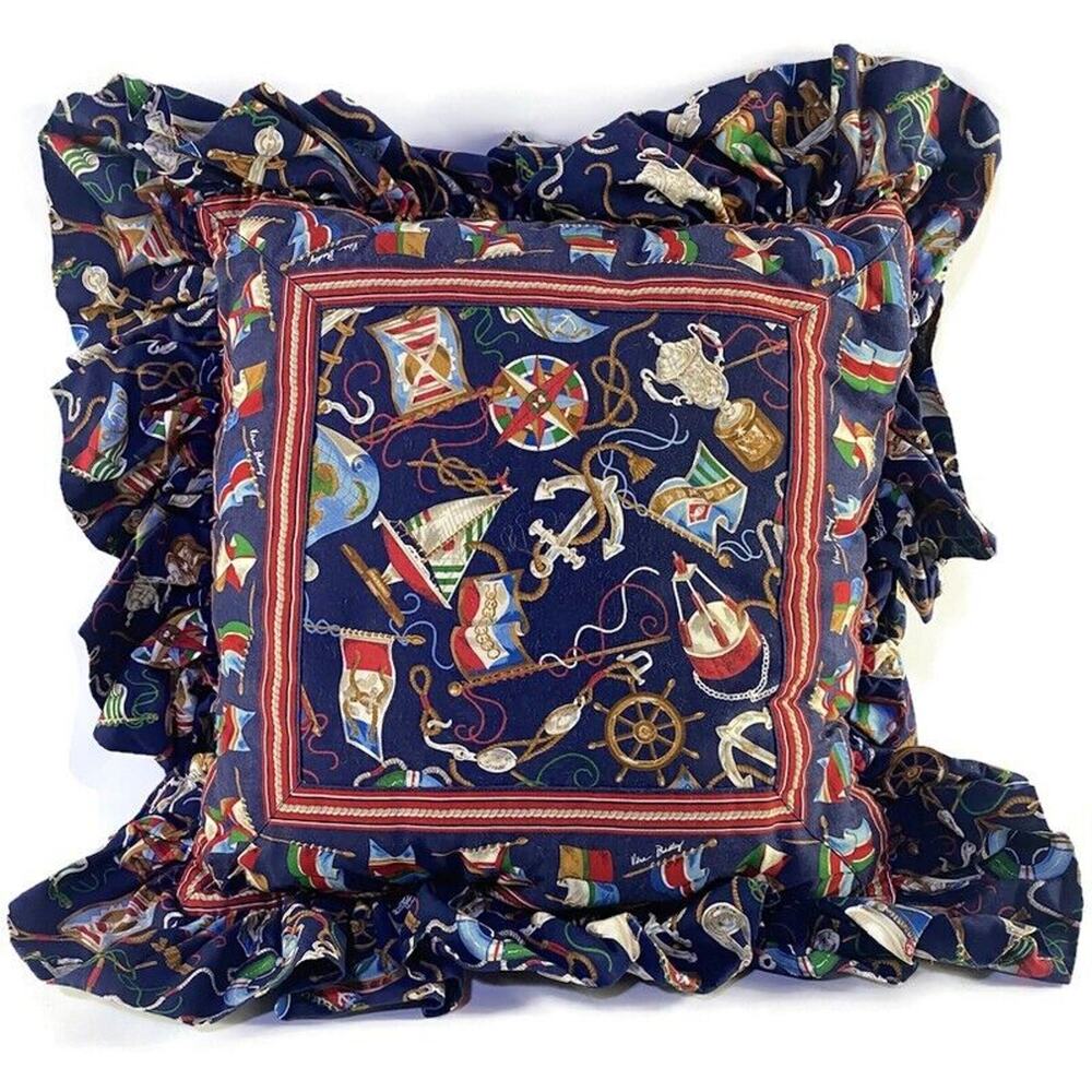 Nautical Themed Throw Pillow Blue and Red With Ruffles 20 Inches Square